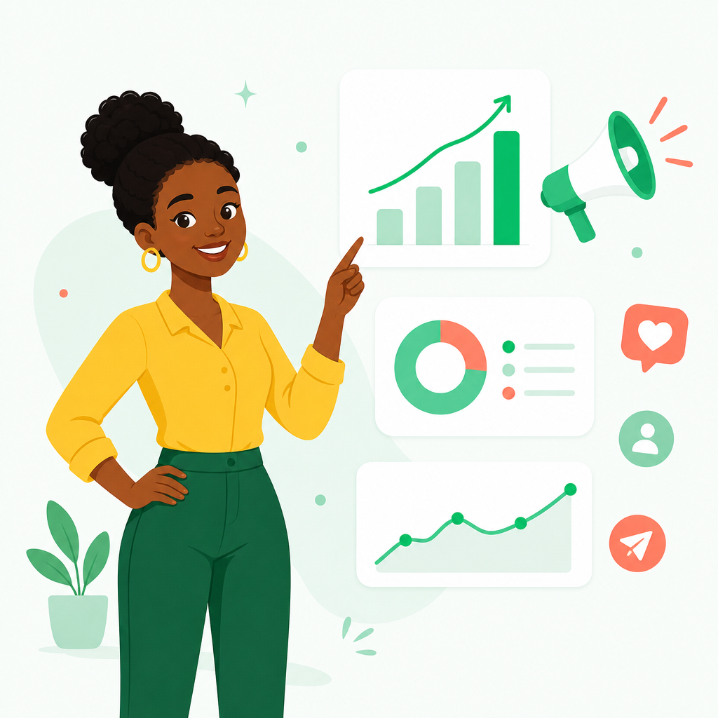 Cartoon marketer pointing at growth charts