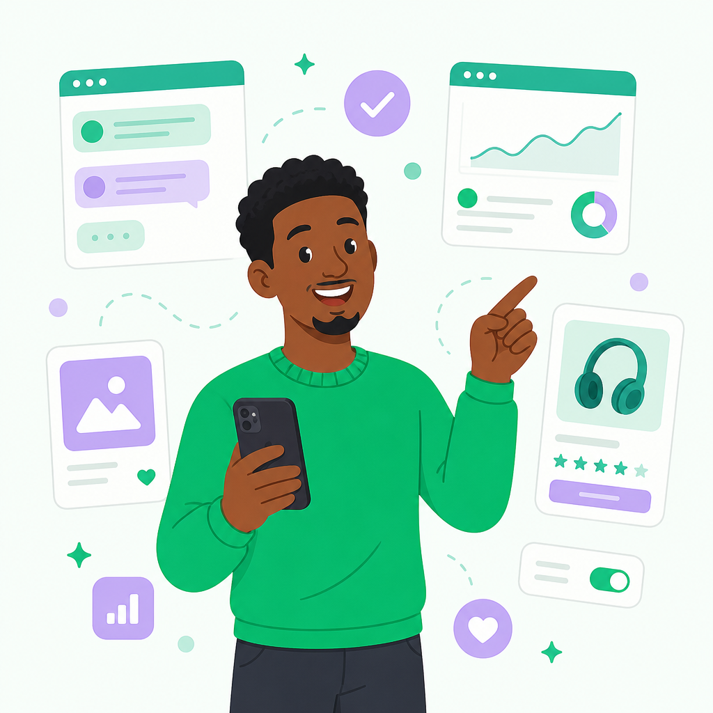 Cartoon operator presenting live products