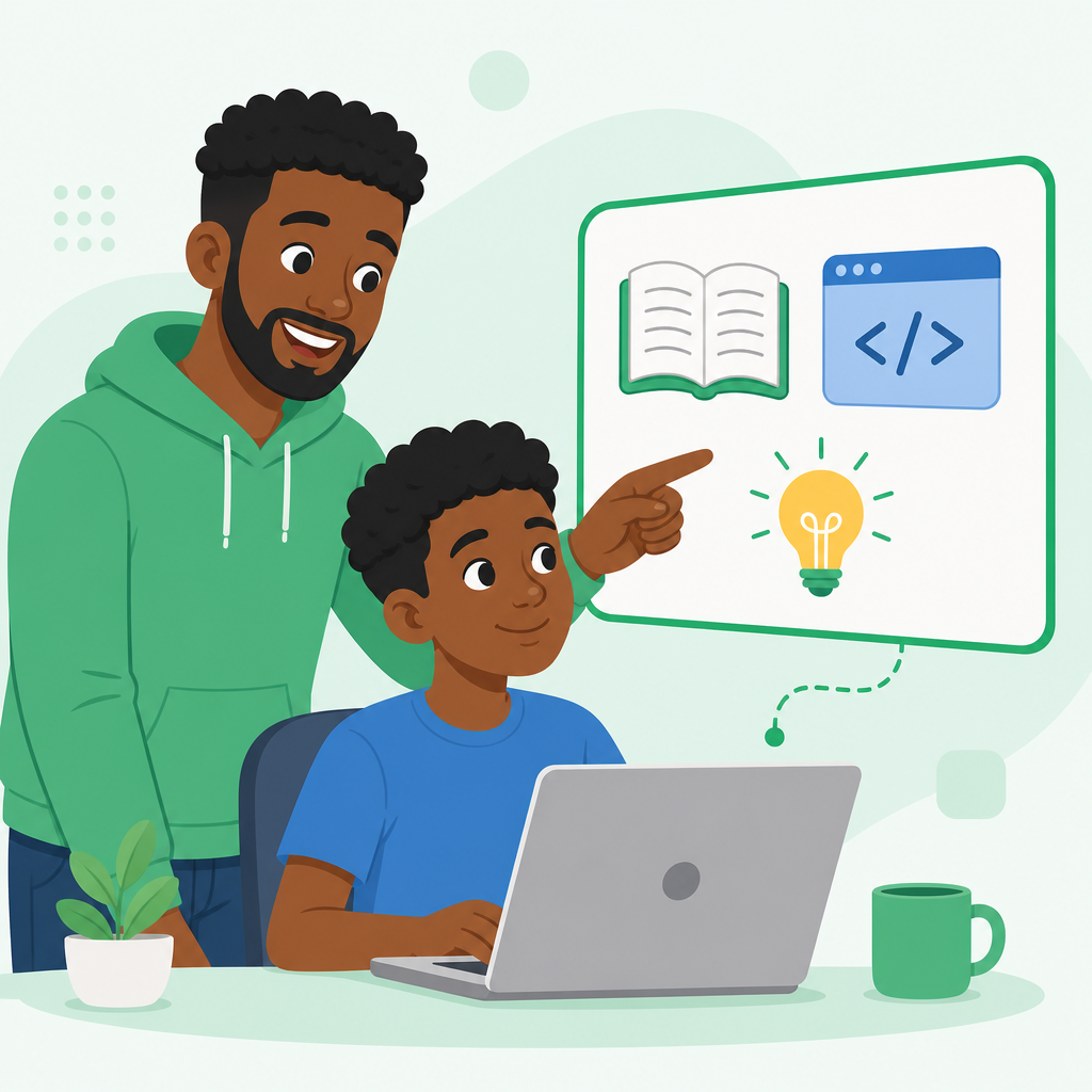 Cartoon mentor teaching a student